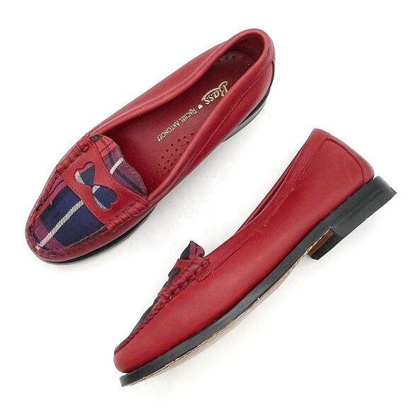Bass x Rachel Antonoff Red Leather Wendybird Plaid Weejuns Penny Loafer Size 6 - Picture 1 of 16